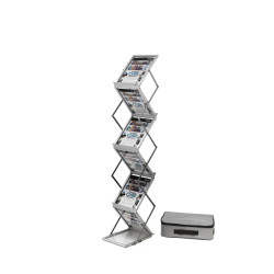 Whemyreat Brochurehouder met wielen, 4 grote vakken, ijzeren tijdschriftenstandaard, magazijnrek, standaard, A4-brochures, vouwbladhouder met wielen, voor ontvangstruimtes, wachtkamers, scholen of